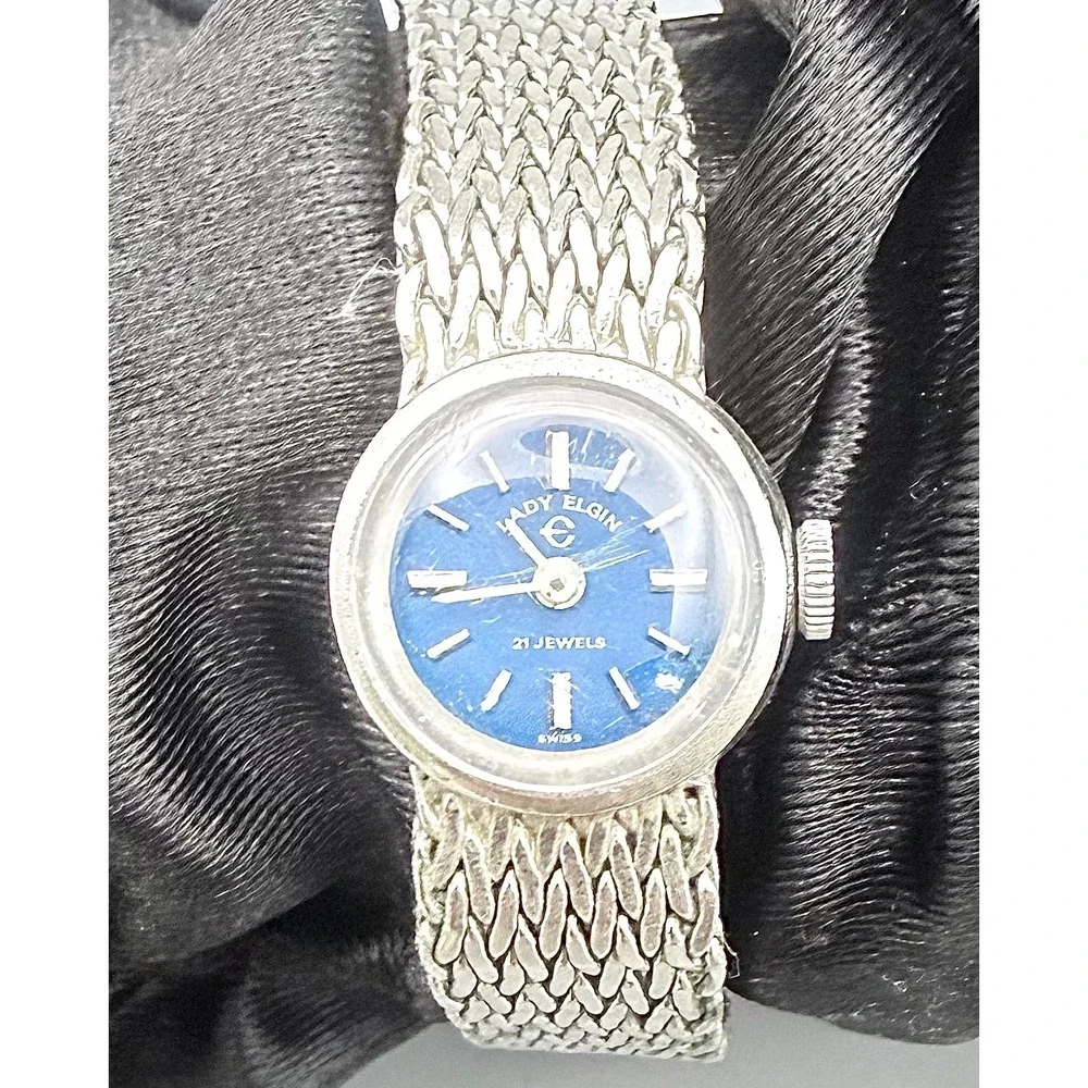 Vintage Lady Elgin 21 Jewel Swiss Mechanical Watch Blue Dial 8